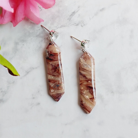 OpalGlaze Quartz Clay Dangles Coffee Brown Silver Hand crafted Earrings. - Picture 1 of 3